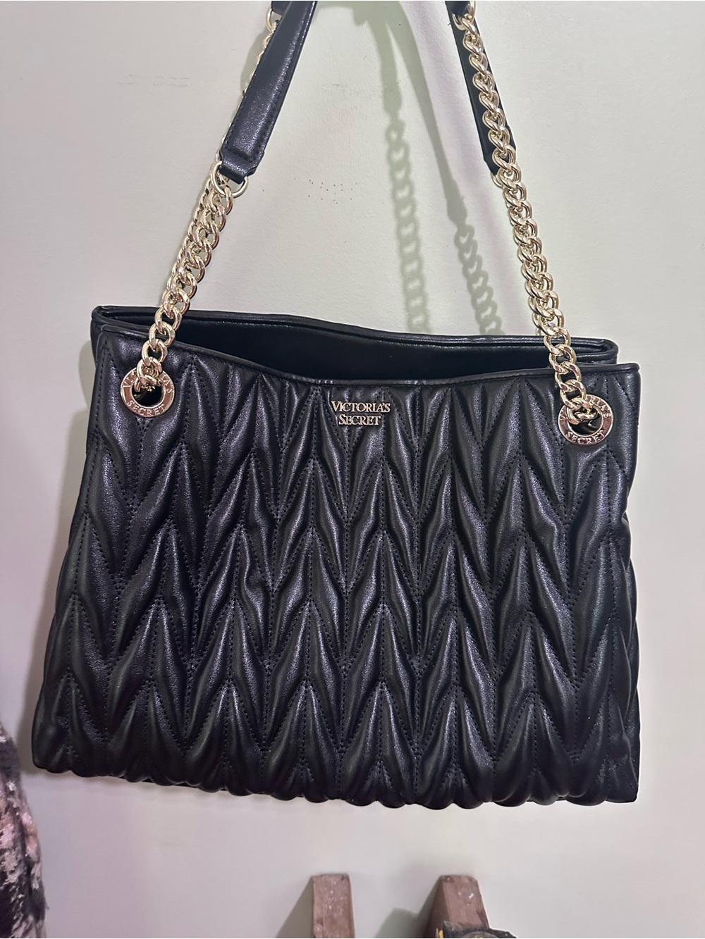 Victoria's Secret Black Quilted Shoulder Bag with Gold Chain Strap and wallet